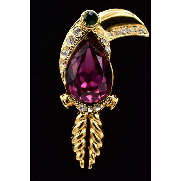 Rutino Vintage Crystal Bird Pin Brooch Toucan Purple Gold Signed 1970s BinBP - Picture 1 of 12